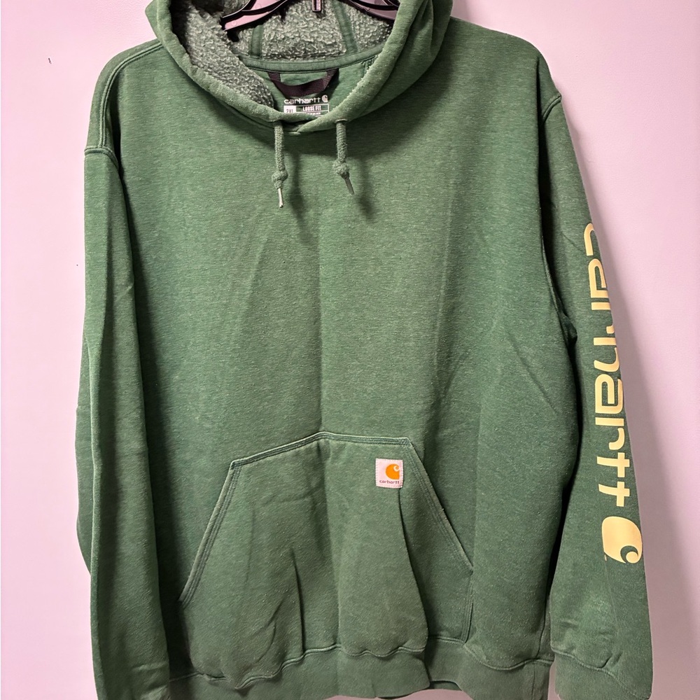Carhartt Men's Forest Green Hoodie with Yellow Logo 2XL